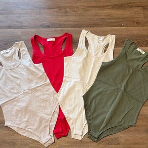 Set of Four Zenana Sleeveless Bodysuits in Red, Cream, Bone and Olive Green